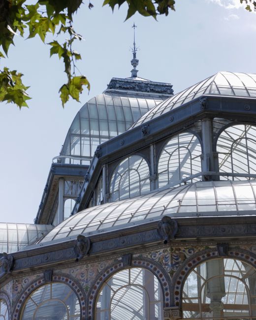 Close-up view of a historic conservatory or greenhouse with large curved glass panels and ornate metal framing, set against a bright blue sky. The structure features multiple interconnected sections w