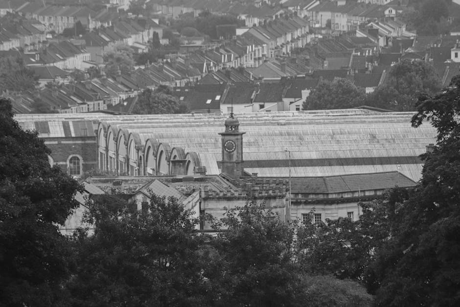 A black-and-white aerial photograph showing a large historic building with a clock tower located in a residential area. The building features arched windows and a curved roof structure, surrounded by trees and foliage in the foreground. In the background, rows of terraced houses with pitched roofs extend into the distance, blending into a densely built neighbourhood. The scene is illuminated by natural daylight, highlighting the architectural details and the layout of the surrounding streets. This image illustrates the context of home relocation or furniture transport within a typical urban setting, as might be organized by a professional removals company like Removals Crystal Palace, especially in the SE19 moving zones involved in packing and loading processes for house moves.